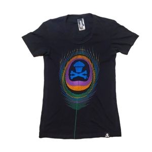 Johnny Cupcakes Women's Black Multi-Color Peacock Feather Logo T-Shirt‎ Small